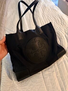 Tory Burch Black Nylon Logo Tote with Leather Trim